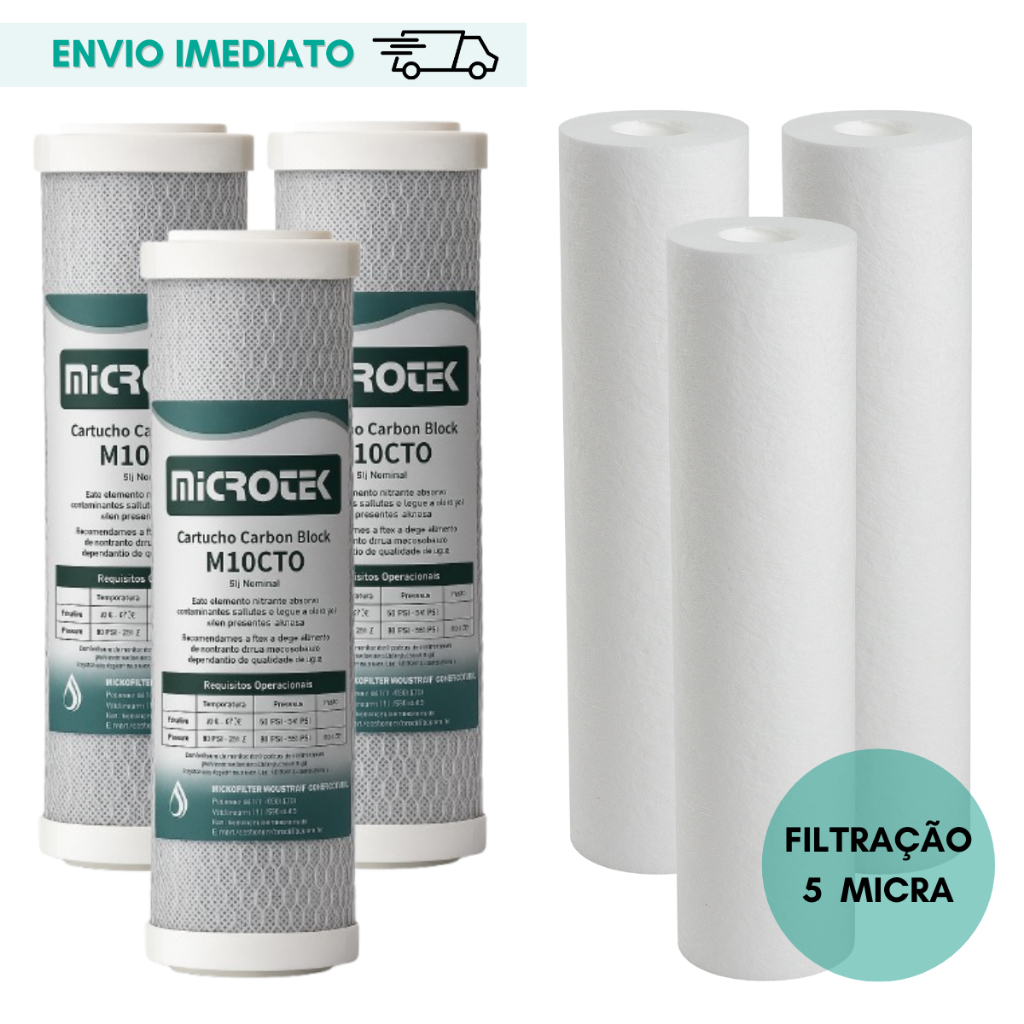 Filtro 9 3/4'' Reposição Kit 3 Refil Carvão Ativado + 3 Refil Polipropileno Liso