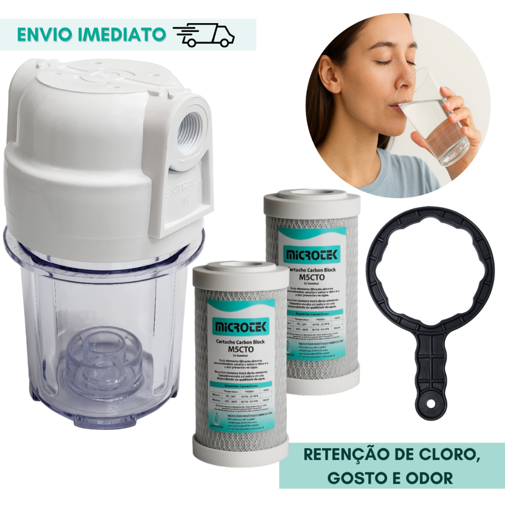 Filtro de Água Purificador Cozinha Remove Cloro C/ 2 Refis Reposição Carbon Block Carvão Ativado 5"