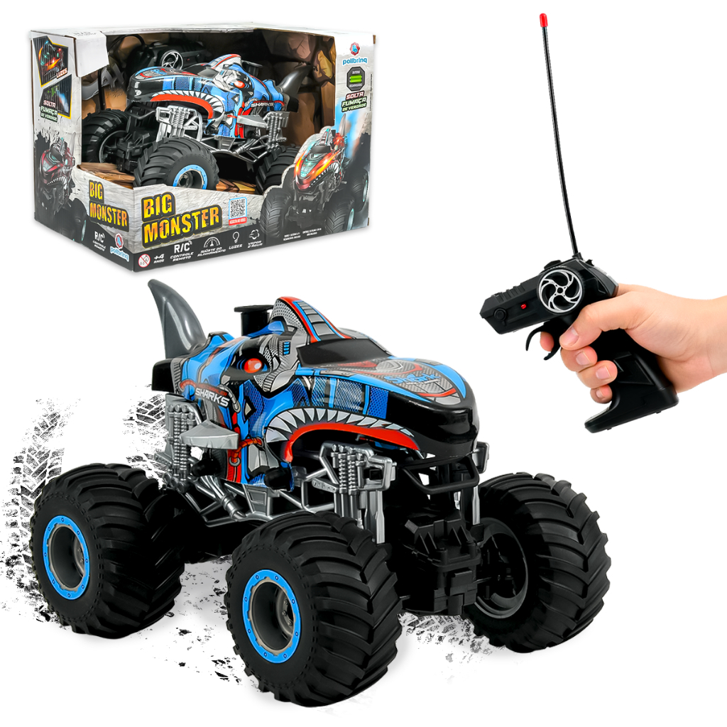 Carrinho Controle Remoto Big Monster 4x4 com Luzes e Solta Fumaça Led Recarregavel