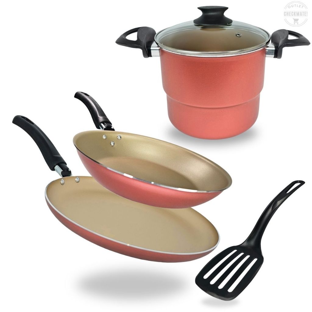 Kit Cuscuzeiro 16 cm com Tampa de Vidro, Frigideira 16cm e Panquequeira 22cm Antiaderente Com 5 Camadas De Teflon Cereja