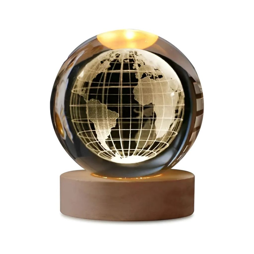 Luminária Bola Cristal 3D LED Globo Terrestre Decorativa de Mesa