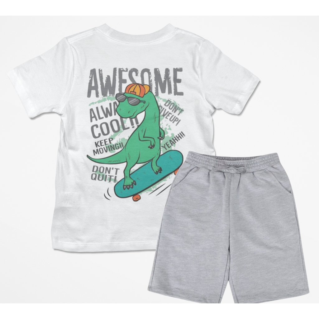 Conjunto Meninos Infantil Awesome Dinossauro Alta Qualidade Camiseta 100% Algodão Bermuda Moletinho!