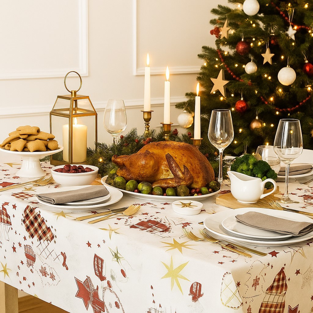 Toalha de Mesa Natalina Impermeável Resistente Elegante P/ Cozinha Natal Resistente Fácil de Limpar