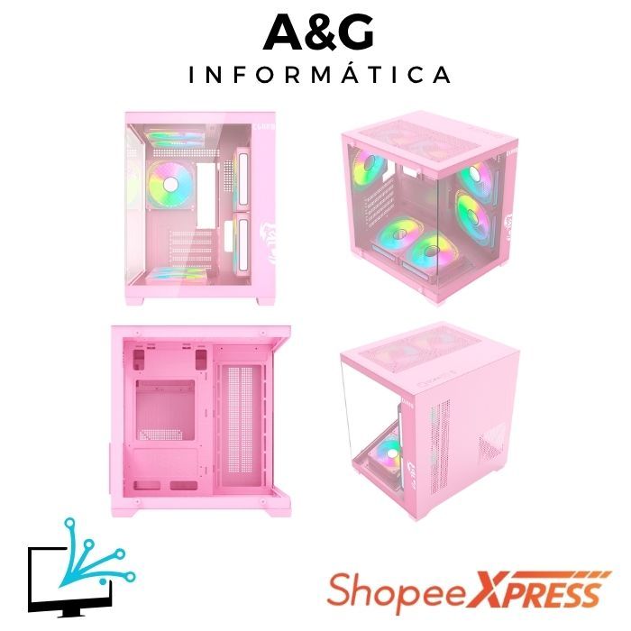 Gabinete Cubo Gamer Rosa Mid Tower Mini-ITX mATX em Aço e Vidro 335x275x355mm Clanm Grodd Candy