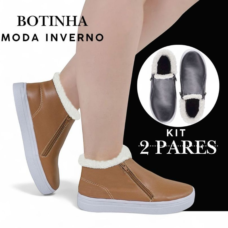 Kit 2 Pares de Tênis Botinha Feminina Com Pelo Forrada Para o Inverno