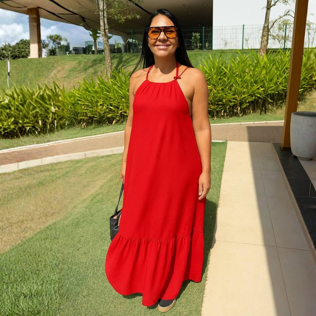 Vestido vermelho barato De Alcinha Verão Casual Praia Tecido Leve Plus Size
