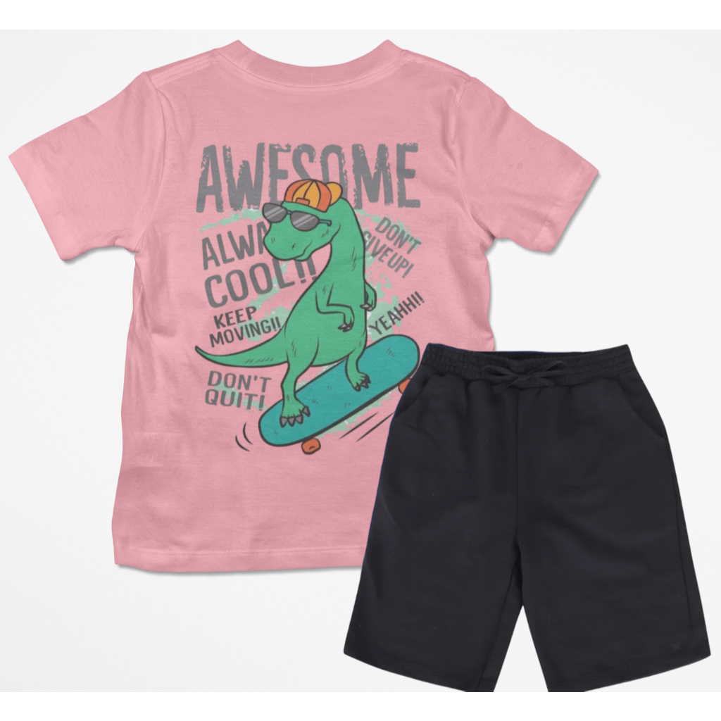 Conjunto Camiseta E Bermuda Verão Infantil Masculino Alta Qualidade Estampa Dinossauro Dino Novidade