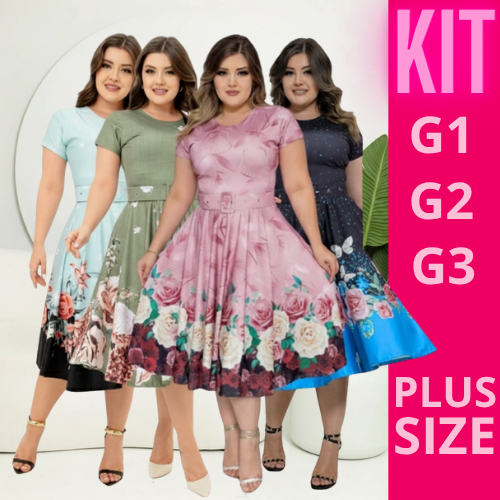 KIT DE 3 VESTIDOS MIDI SORTIDOS - PLUS SIZE em Oferta na Shopee