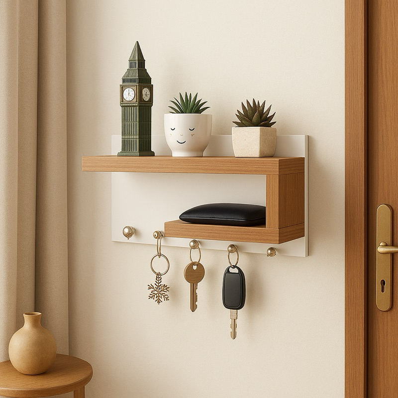Porta-Chaves de Parede com Prateleira Decorativa em MDF 25x13x8,5 cm – Design Moderno Amadeirado e Branco