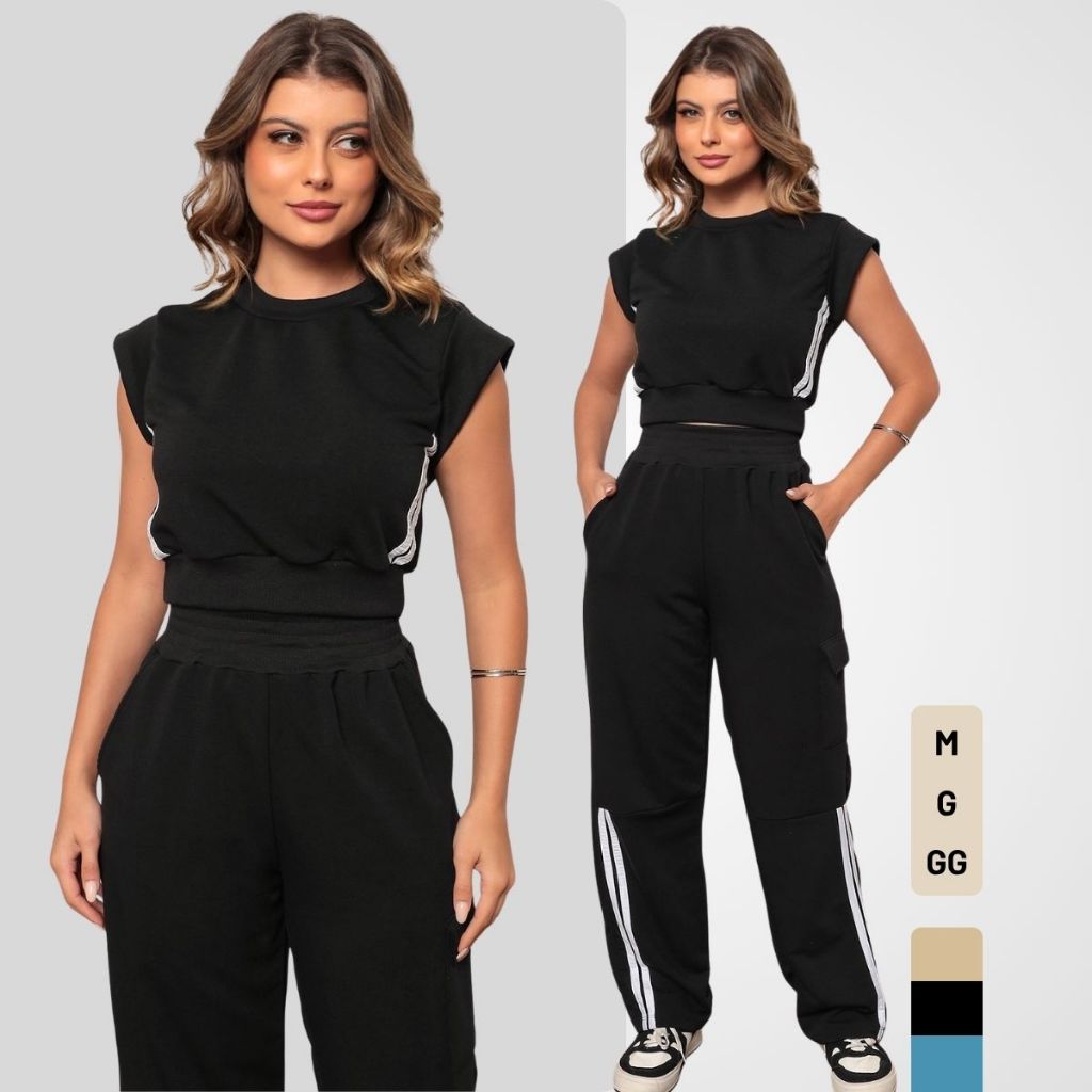 Conjunto Feminino Alfaiataria Calça Wide Leg Cropped Regata Confortável Moletinho Moderno Casual em Oferta na Shopee
