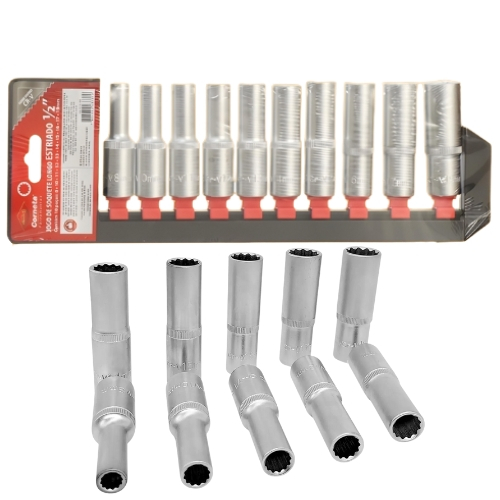 Kit Soquete Longo Estriado Corneta 1/2 Polegada CR-V 10 Peças Alta Resistência Mecânica