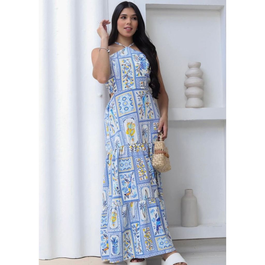 Vestido Longo Juvenil Viscose Estampado Azul Floral Tamanhos 12 ao 16 – Alças Cruzadas e Amarração nas Costas