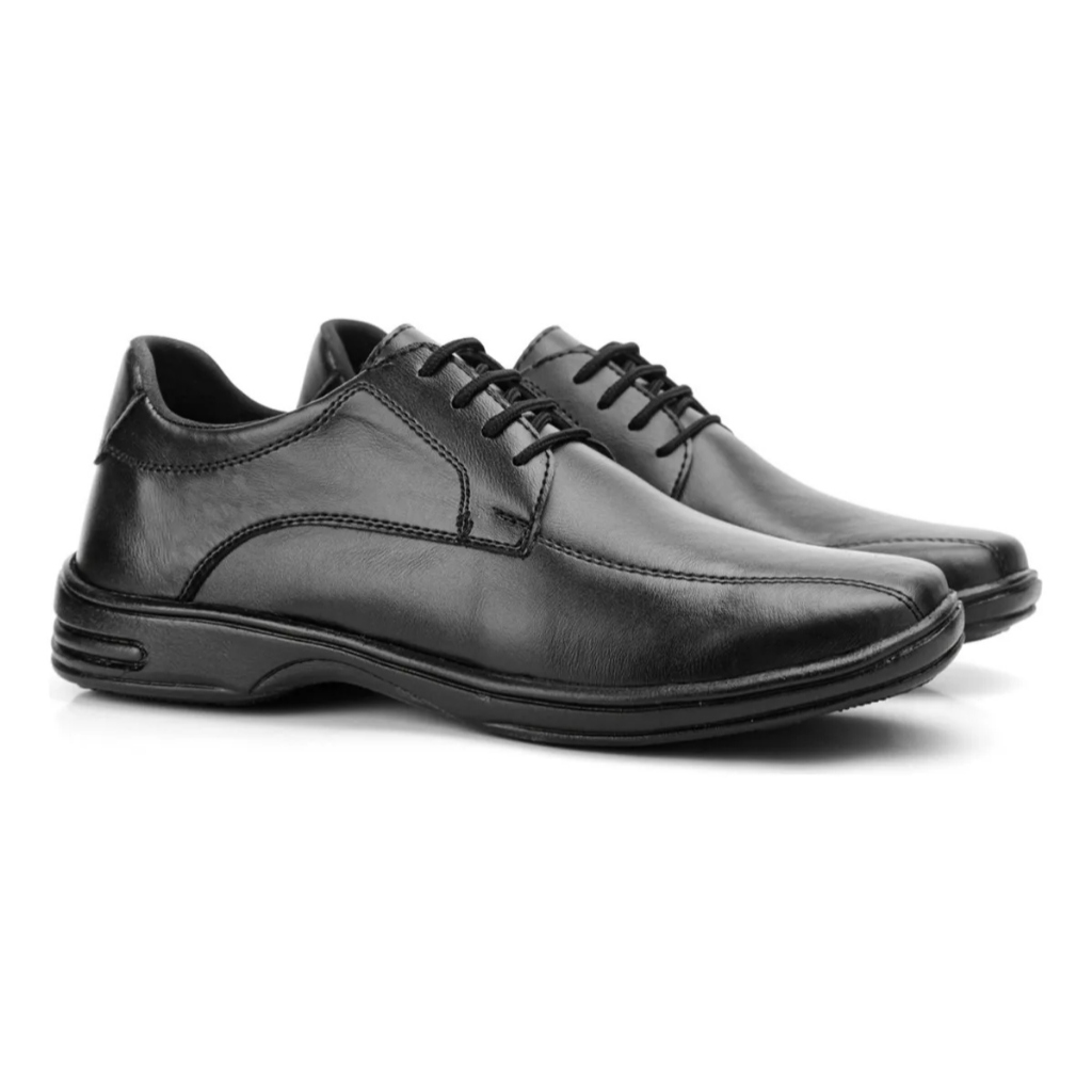 Sapato Preto Derby Bico Quadrado Social Casual Confortavel Elegante Macio Leve Formatura Festas
