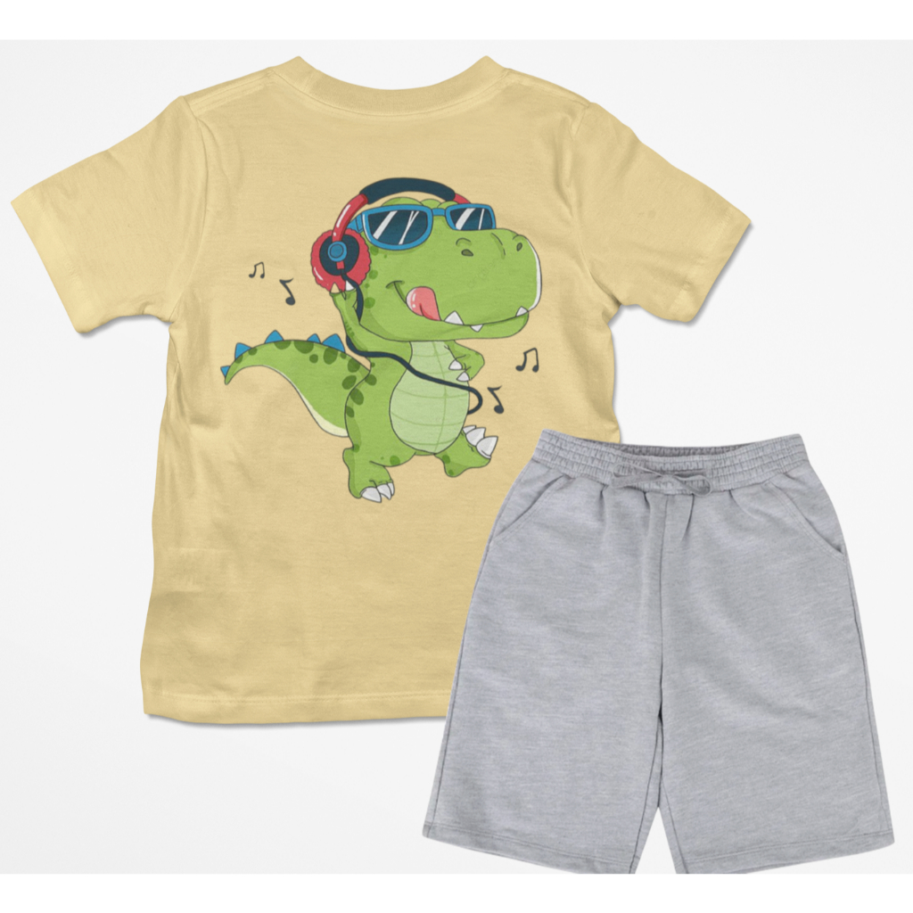 Conjunto Infantil Fresco Masculino Estampa Dinossauro Music Meninos Boys Tecido Premium Confortável.