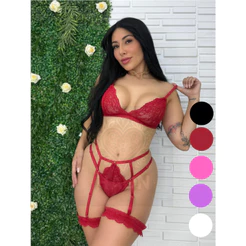 Lingerie Conjunto em Renda Luxo Sexy Cinta Liga Gladiadora e calcinha Fio dental P ao Plus Size
