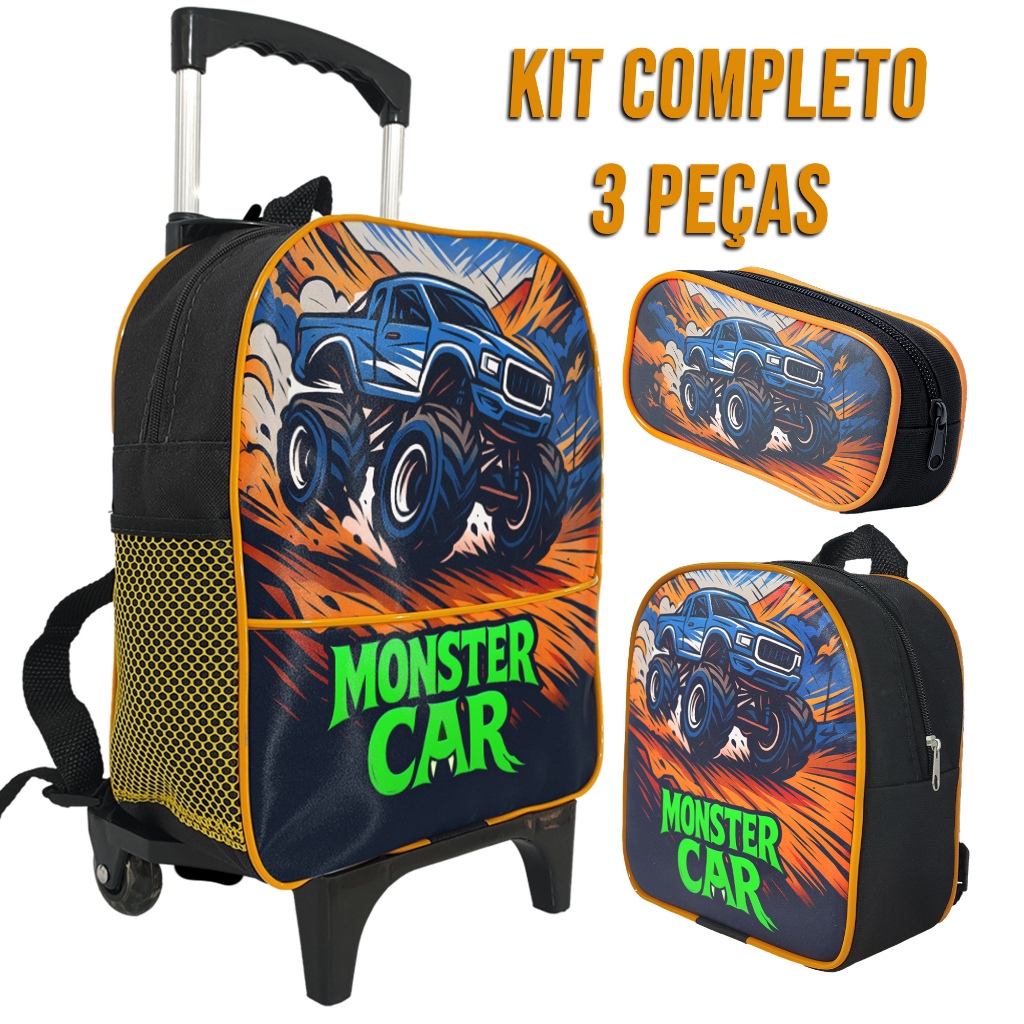 Kit Escolar Infantil Mochila de Rodinha Carro de Corrida Monster Car , Estojo Simples 1 Ziper e Lancheira Térmica