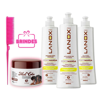 Ativador de Cachos + Mousse para Pentear + Gelatina Cocomanga Lanox 500ml cada + BRINDES em Oferta na Shopee