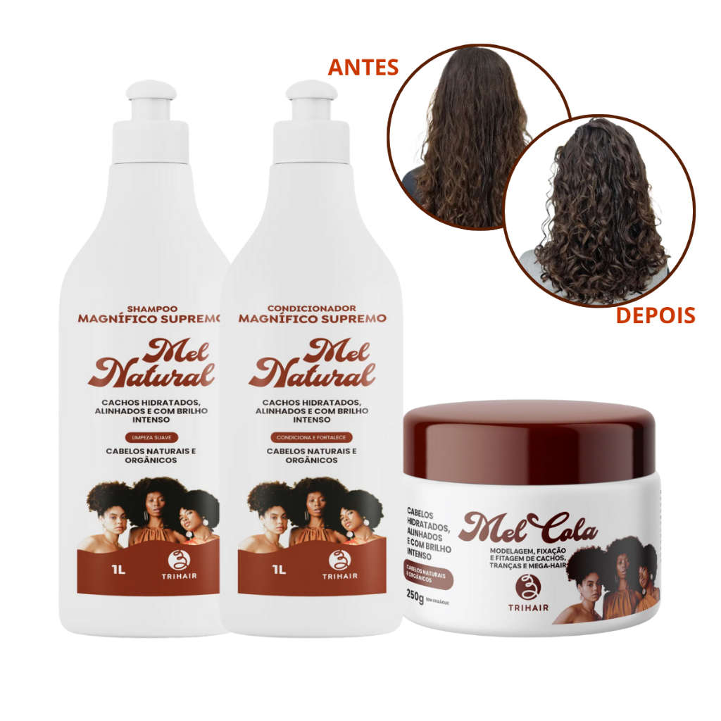 Mel Cola Trihair 250g + Shampoo e Condicionador Mel Natural 1L - Cachos Naturais e Orgânicos