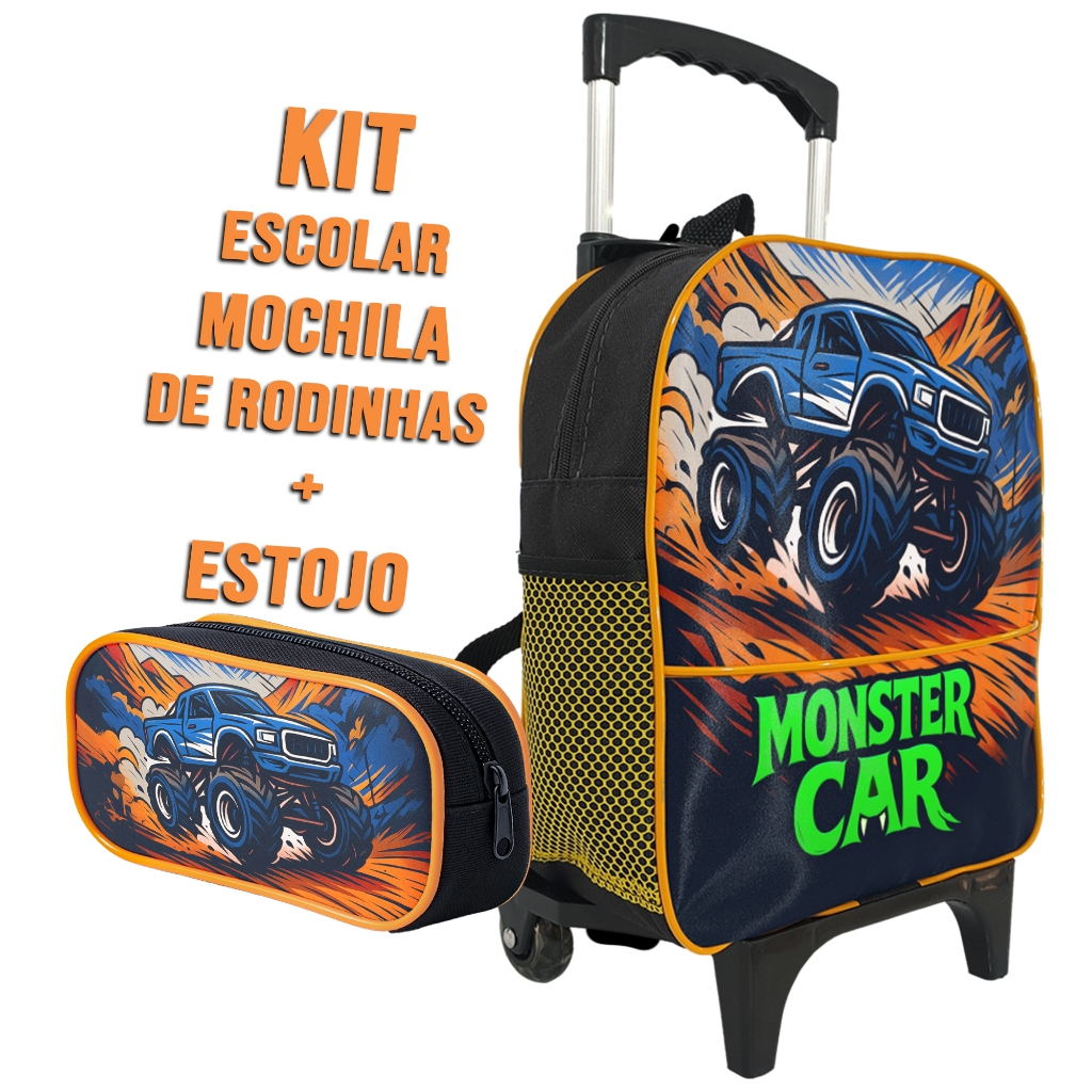Kit Mochila Escolar de Rodinha Infantil Menino Carro Corrida Monster Car Estojo 1 Zíper Simples