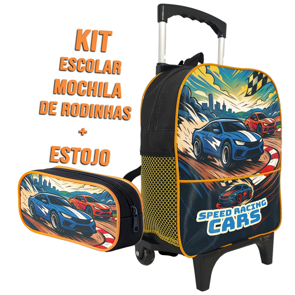 Kit Mochila Escolar de Rodinha Infantil Menino Estojo 1 Zíper Simples Carro Corrida Speed Racing Cars