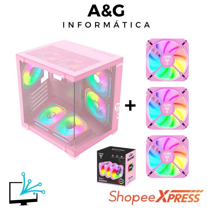 Gabinete Gamer Cubo Aquario Grodd Candy Rosa + Kit 3 Fans Candy Rosa RGB Molex