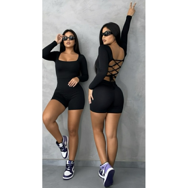 Macaquinho Feminino Manga Longa Costas Nuas Trançada Moda Gringa Blogueira Malha Crepe