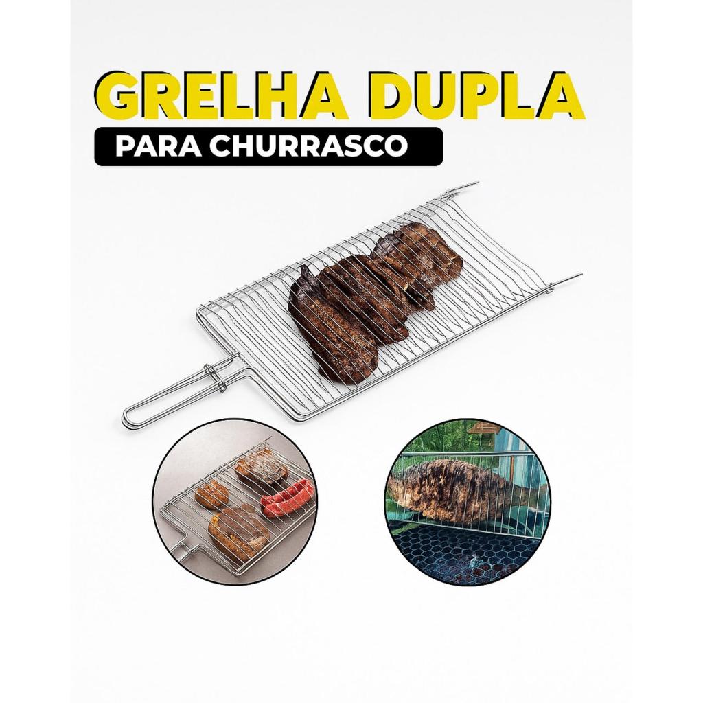 Grelha Dupla Folha Abaulada Pequena Premium 53 x 16 churrasco Peixe Frango Linguiça Aço Abre e Fecha em Oferta na Shopee
