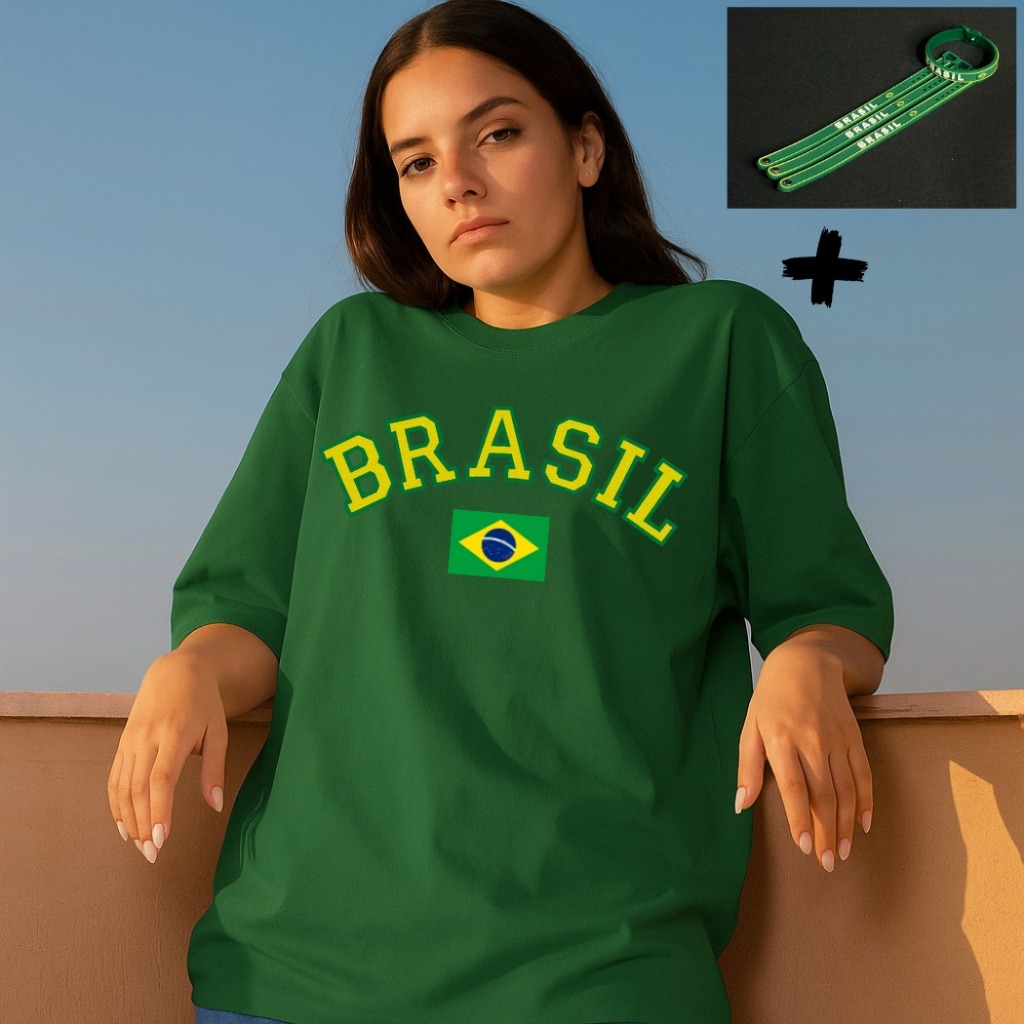 Kit Camiseta Feminina Seleção Brasileira Brasil + Pulseira Silicone Torcida Copa Do Mundo 2026 Tecido 100% Algodão