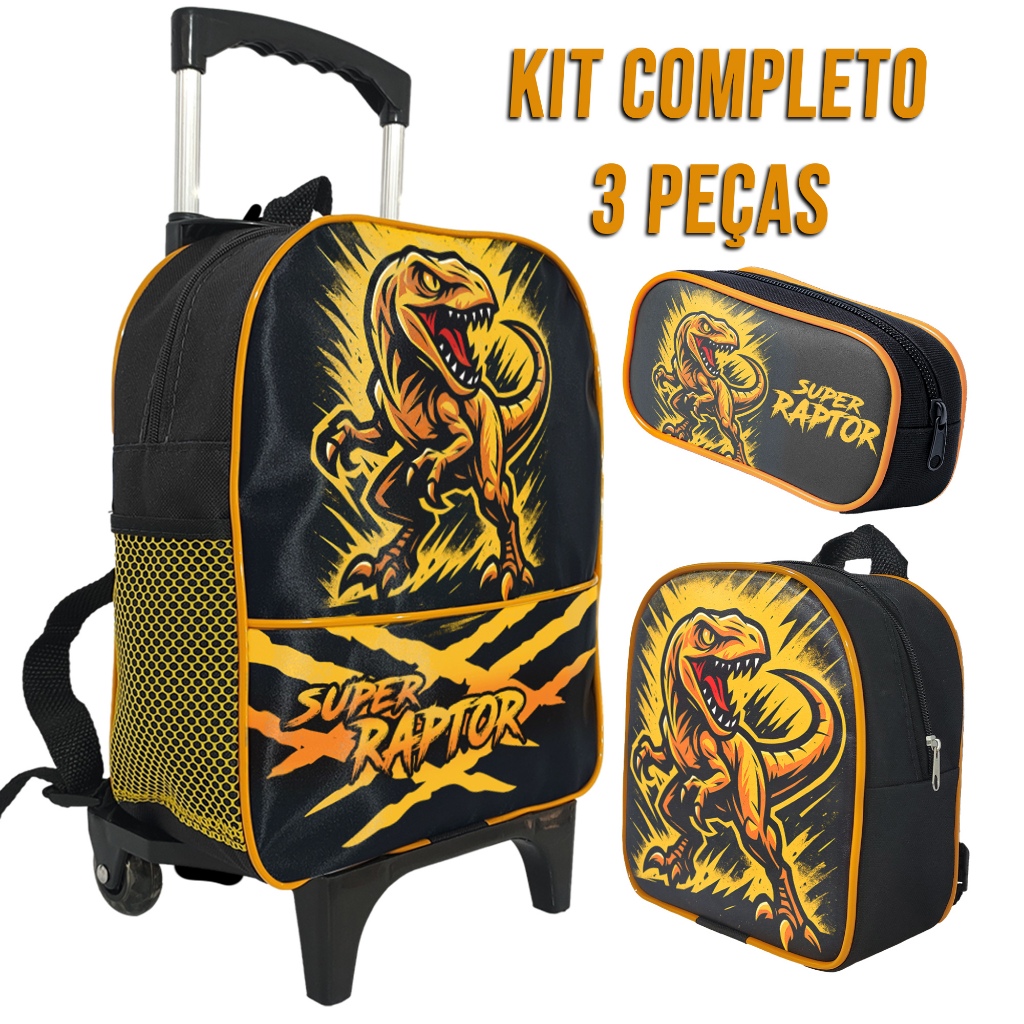 Kit Escolar Infantil Mochila Dinossauro Super Raptor de Rodinha, Estojo Simples 1 e Lancheira Térmica em Oferta na Shopee