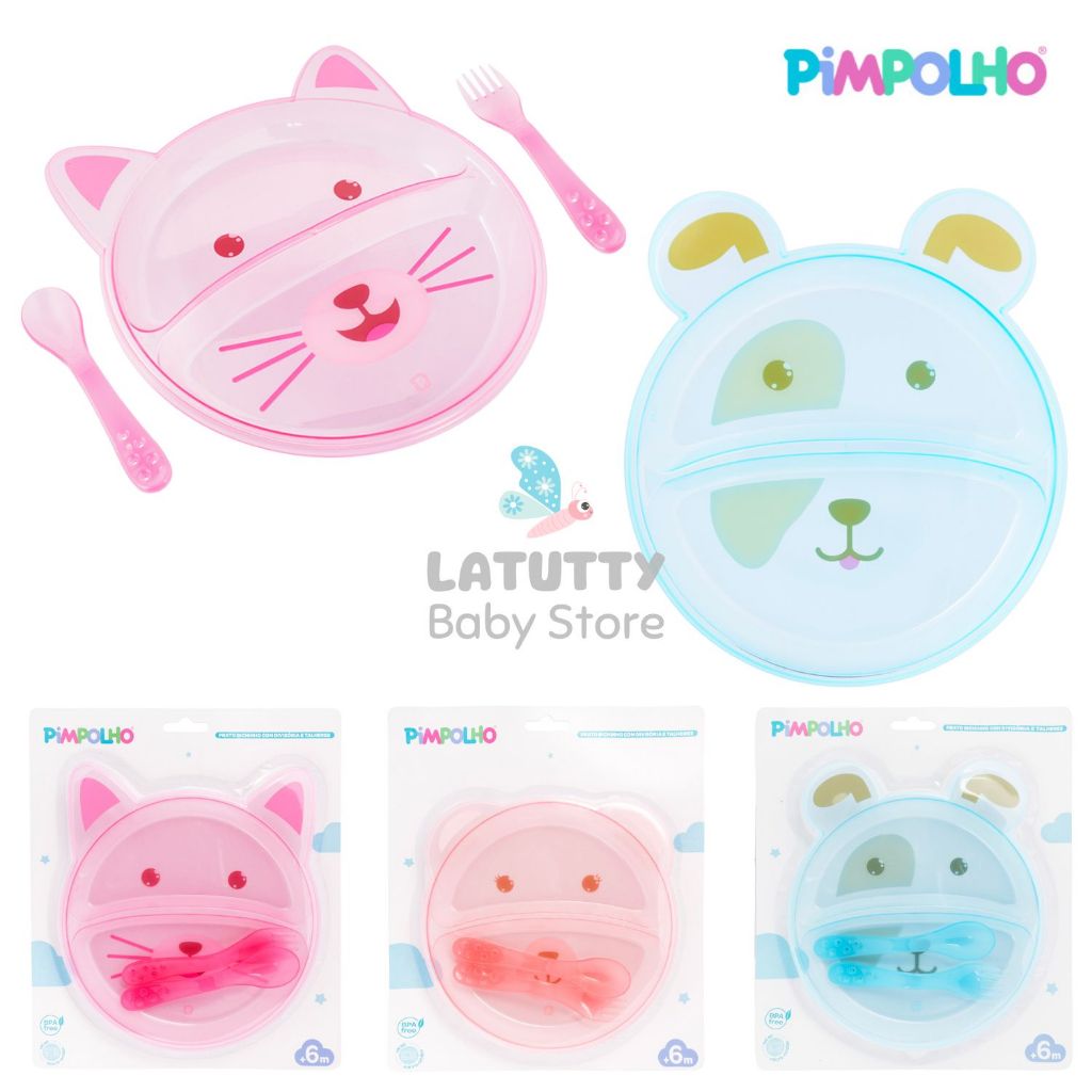 Kit Alimentação Infantil 3 Peças Pimpolho Pratinho Bebê c/ Divisória Garfinho e Colher Pontas Arredondadas Azul Rosa +6M em Oferta na Shopee