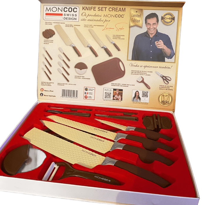 Faqueiro Completo de Churrasco – Kit Faca de Corte Profissional com Garra e Talheres Inox Creme