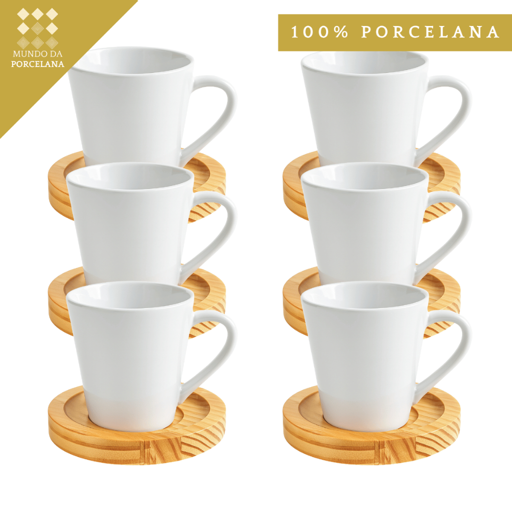 Jogo 6 Xicara Cafe Branca Porcelana 120ml com Pires Madeira Premium