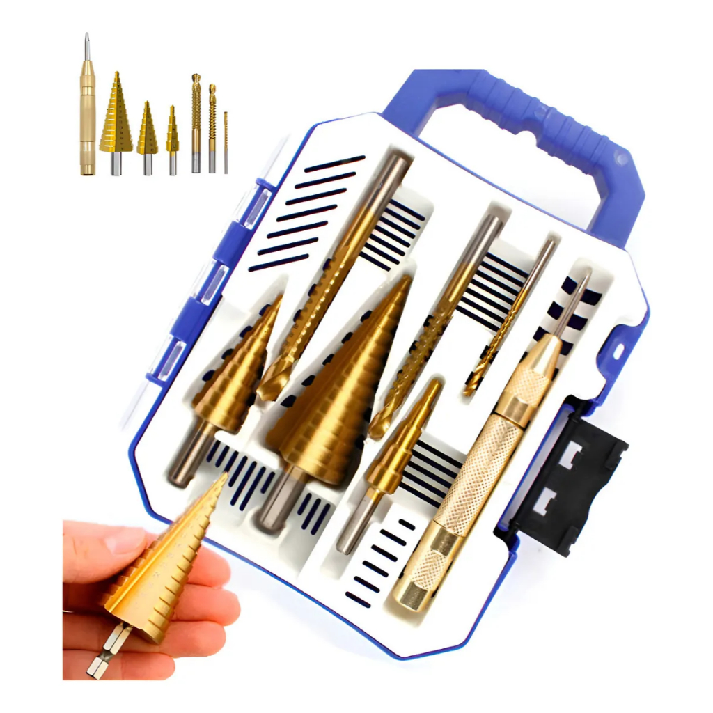 Kit 7 Peças Profissional De Brocas Escalonadas De Aço Titânio Jogo De 4mm A 32mm Com Maleta Organizadora Top