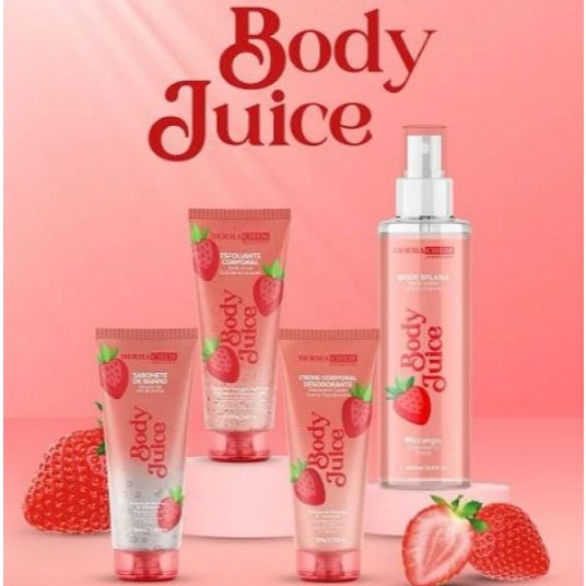 Kit 04 Unidades Corporal Body Juice Morango Dermachem Sabonete, Esfoliante, Creme e Body Splash