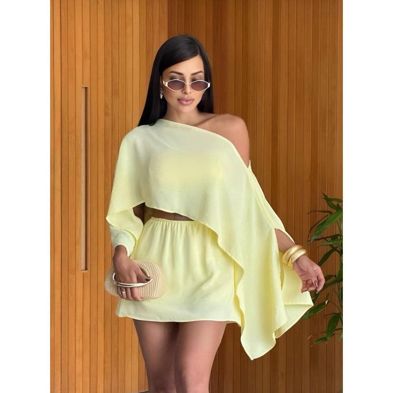 Conjunto Capa Croped Conjuntos Feminino Elegante Casual Tecido Crepe Dunas 3 Peças Short Saia + Top + Capa