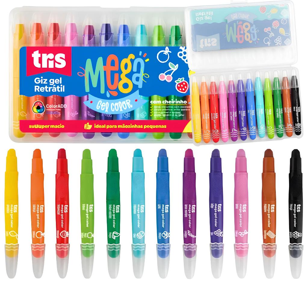 Giz De Cera MEGA GEL COLORS Retrátil Com Cheiro - Estojo Com 12 Unidades - Extremamente Macio em Oferta na Shopee