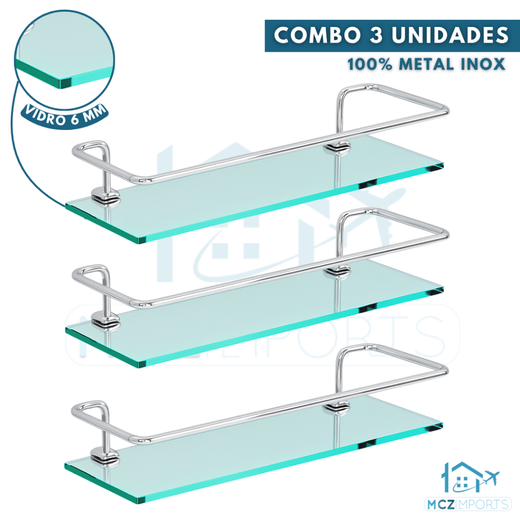 Kit 3 Prateleira Porta Shampoo Banheiro Alumínio Vidro Reto Antiferrugem Suporte Parede Organizador