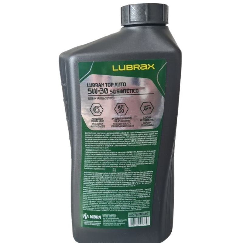 Óleo Lubrax Valora 5W30 Sintético API SQ/SP GF-7A Carro kit 3L