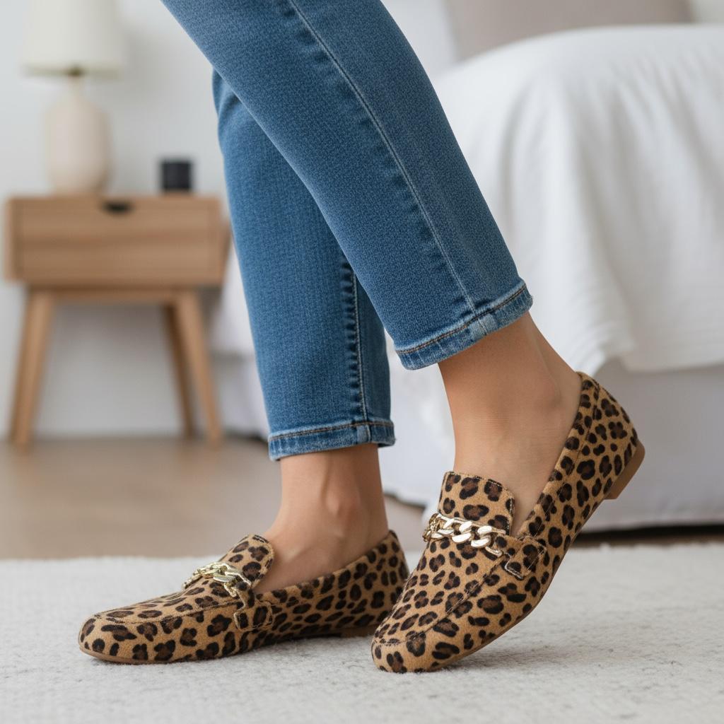 Sapato Feminino Mocassim Com Corrente Onça Pelo, Off White, Preto, Antique, Pink,Prata Inverno 2025