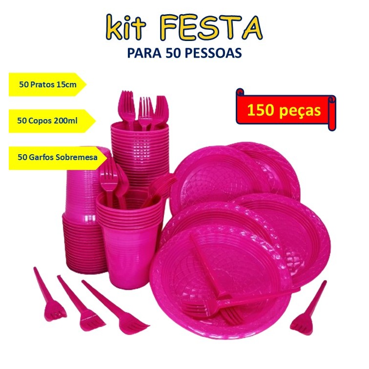 Kit Festa Aniversário Descartável 150 Peças: 50 Pratos, 50 Copos, 50 Garfos em Oferta na Shopee