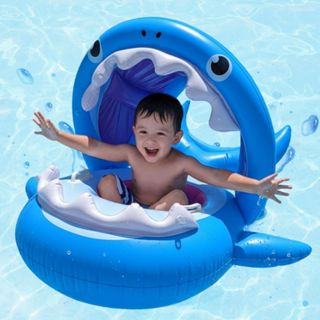 Boia bote inflavel para bebê infantil tubarão com cobertura em Oferta na Shopee