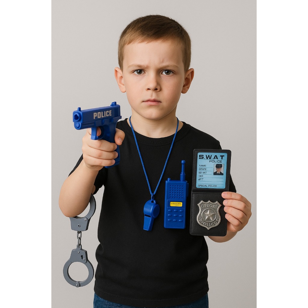 Kit Fantasia Policial Infantil Brinquedo Algema Apito Rádio 5pçs