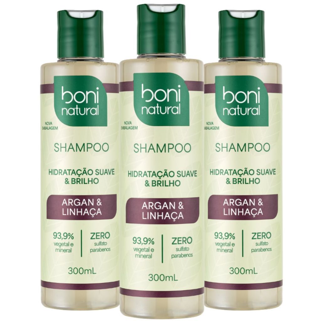 Kit 3 Shampoo Argan e Linhaça 300ml - Boni Natural