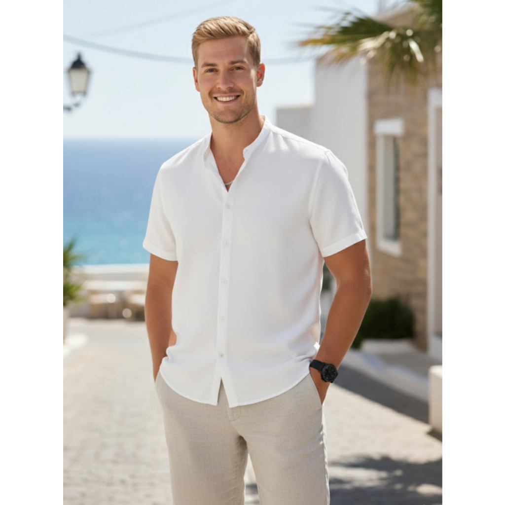 Camisa Social Masculina Slim Manga Curta Premium Gola Padre Camisa  Que Não Amassa Camisa