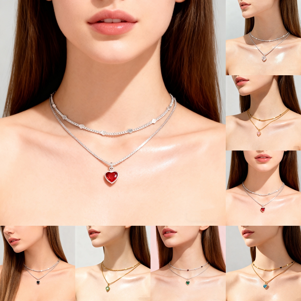 Kit 2 colar feminino com pingente de coração colorido, combinado com uma gargantilha em formato de coração com lantejoul em Oferta na Shopee