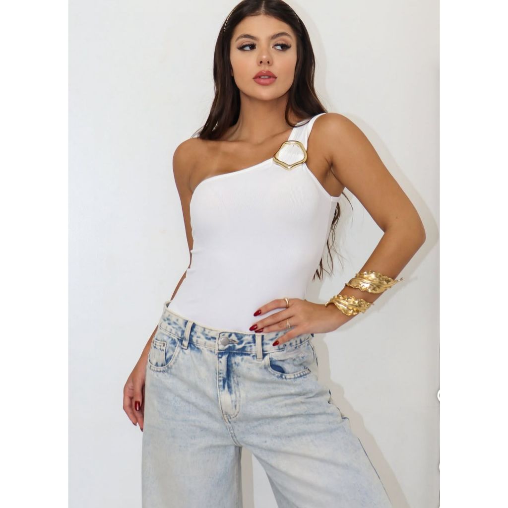 Blusa Regata Feminina Assimétrica Nula Manca Com Argola Dourada em Tecido Ribana Moda Social em Oferta na Shopee