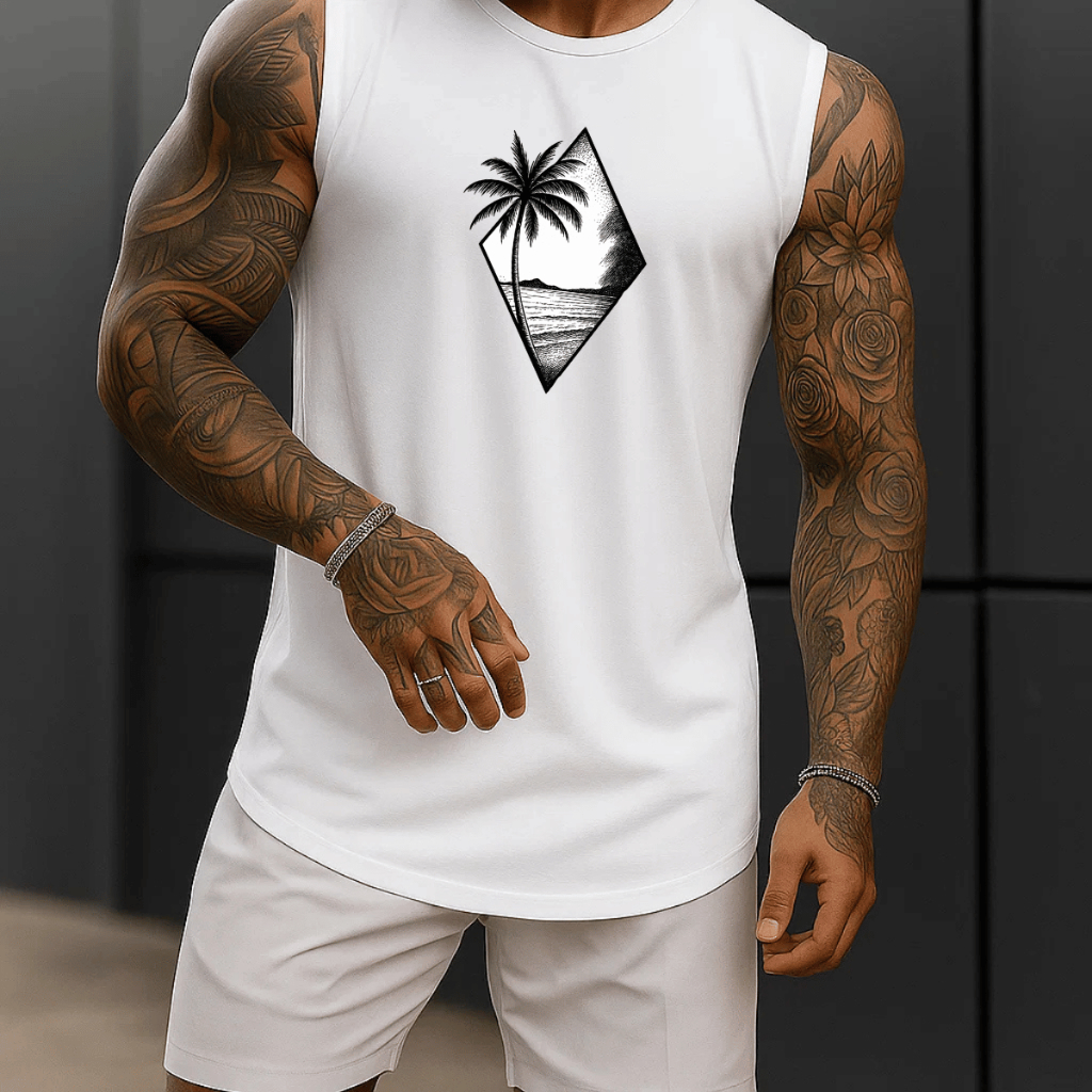 Regata Masculina Academia Algodão Cenario Coqueira 100% Estampada Premium Treino Fitness Casual Streetwear Verão