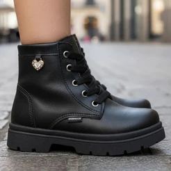 Bota Botina Infantil Coturno Menina Juvenil Leve Macia Confortável Feminino Coração Sola Reta