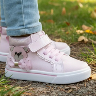 Tênis Infantil Ortopasso Happy Menina Cano Alto Sola Reta Macia Leve Confortável Urso Laçinho em Oferta na Shopee