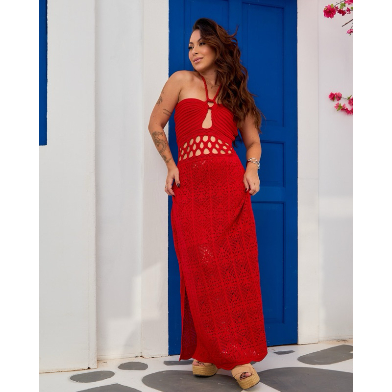 Vestido tricô de malha rendado com alça ajustável natal festas em Oferta na Shopee